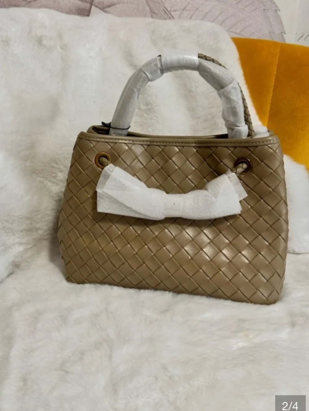 Woven Leather Satchel Handbag in Dark Brown with Gold Accents